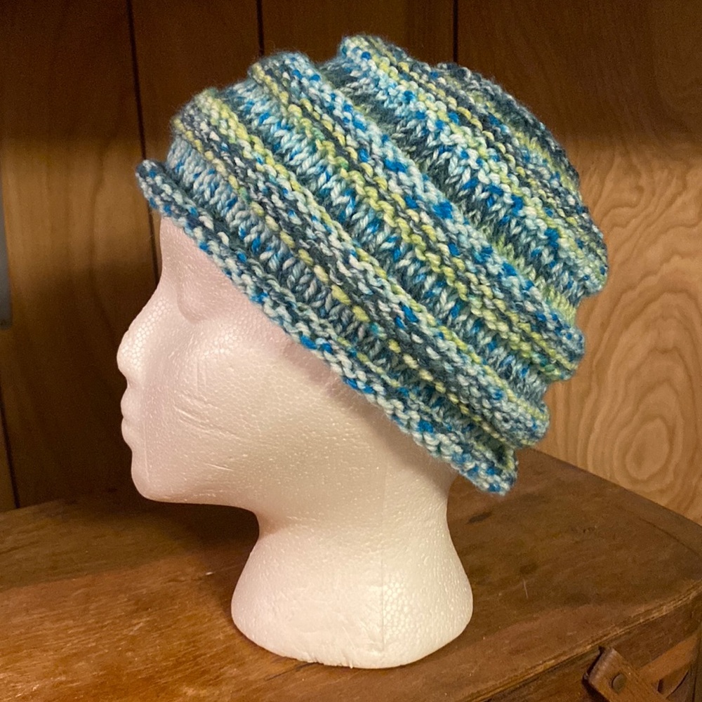 Blue GreenTweed Stretchy ‘Accordion’ Knit Hat Cap
